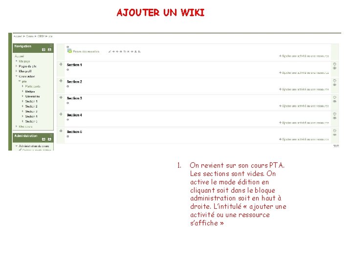 AJOUTER UN WIKI 1. On revient sur son cours PTA. Les sections sont vides.