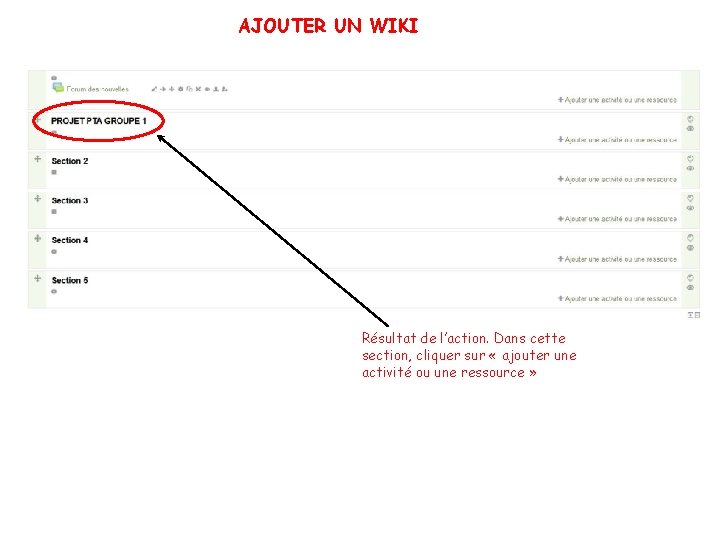 AJOUTER UN WIKI Résultat de l’action. Dans cette section, cliquer sur « ajouter une