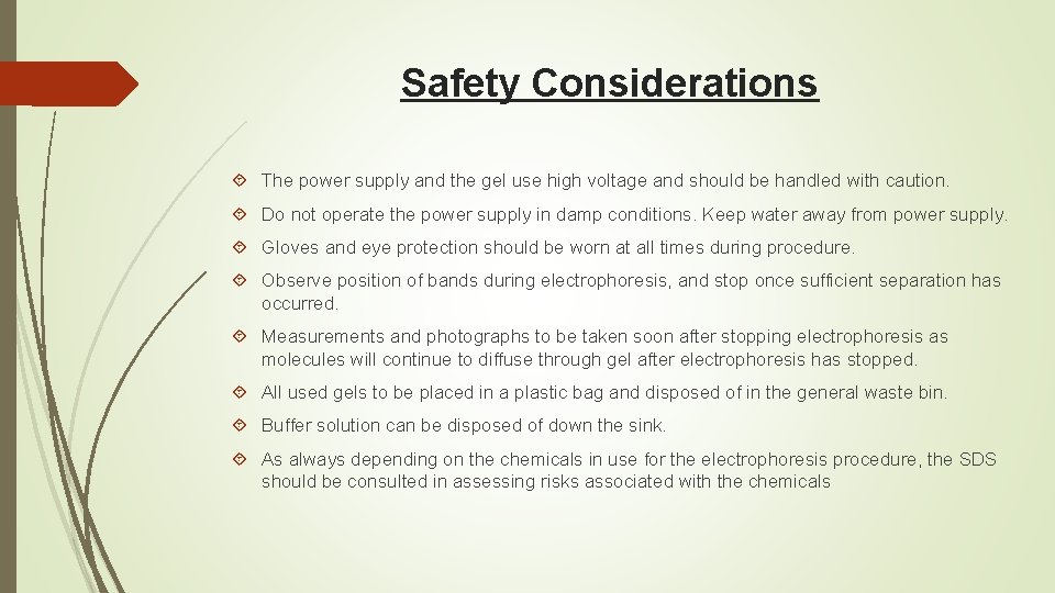 Safety Considerations The power supply and the gel use high voltage and should be