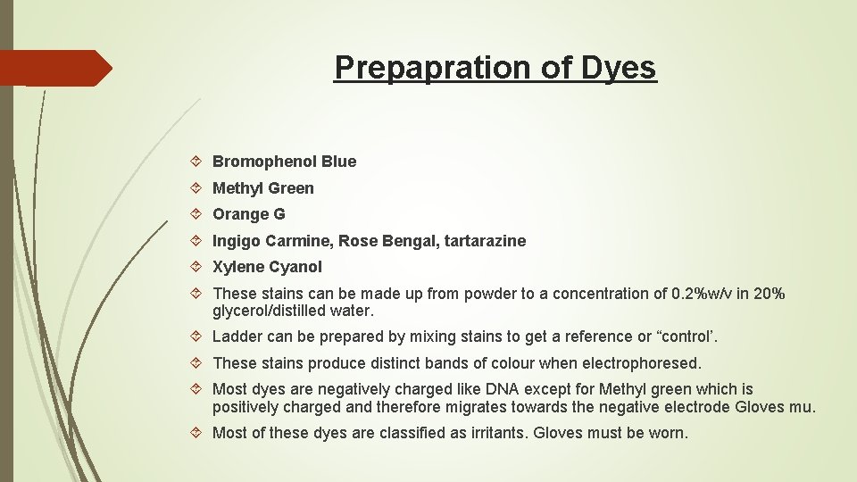 Prepapration of Dyes Bromophenol Blue Methyl Green Orange G Ingigo Carmine, Rose Bengal, tartarazine