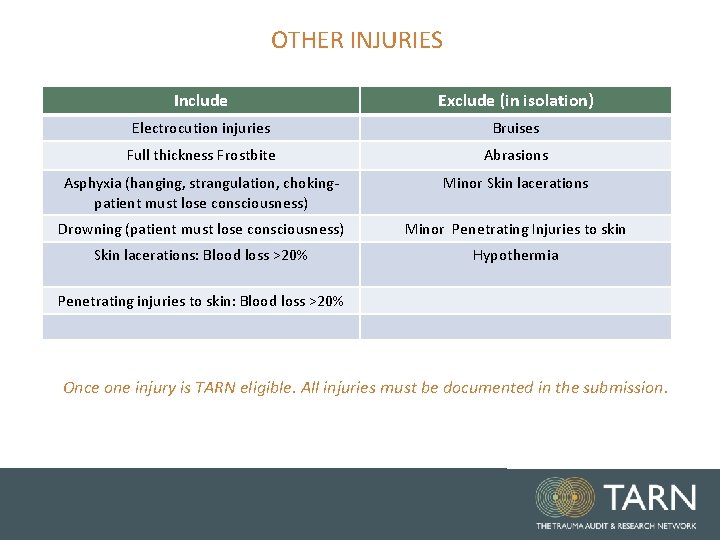 OTHER INJURIES Include Exclude (in isolation) Electrocution injuries Bruises Full thickness Frostbite Abrasions Asphyxia OTHER INJURIES Include Exclude (in isolation) Electrocution injuries Bruises Full thickness Frostbite Abrasions Asphyxia