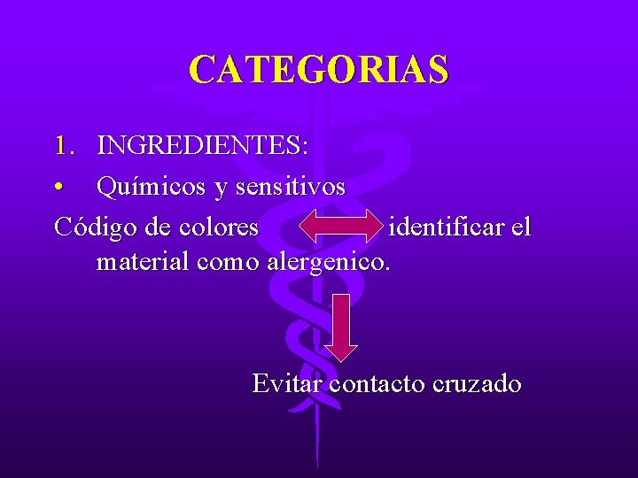 CATEGORIAS 1. INGREDIENTES: • Químicos y sensitivos Código de colores identificar el material como