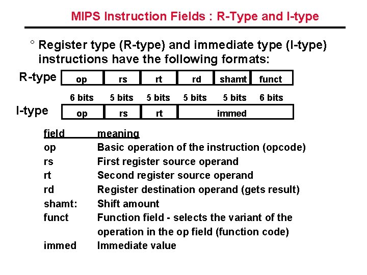 MIPS Instruction Fields : R-Type and I-type ° Register type (R-type) and immediate type
