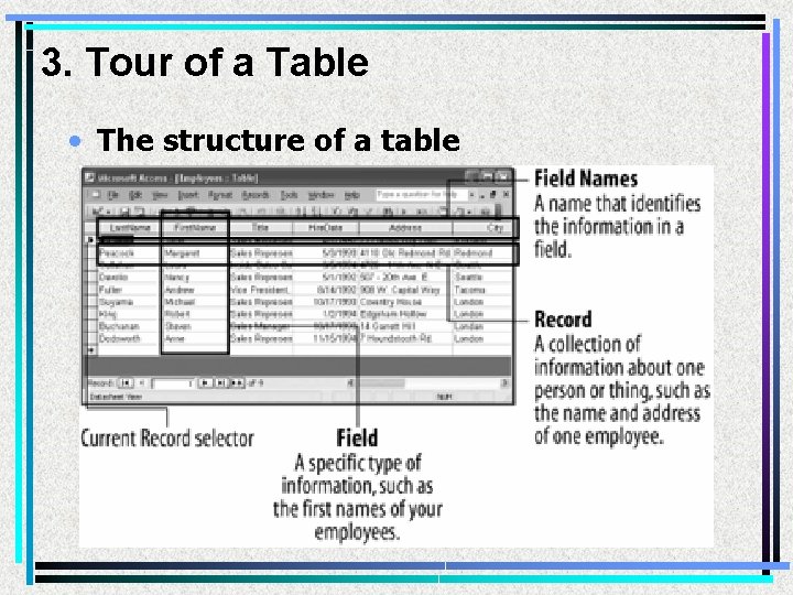 3. Tour of a Table • The structure of a table 