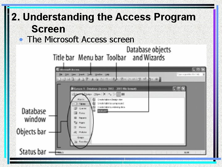 2. Understanding the Access Program Screen • The Microsoft Access screen 