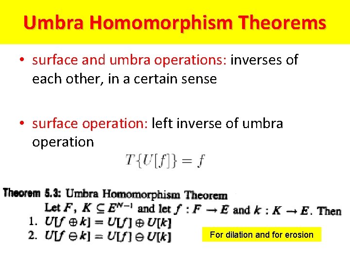 Umbra Homomorphism Theorems • surface and umbra operations: inverses of each other, in a