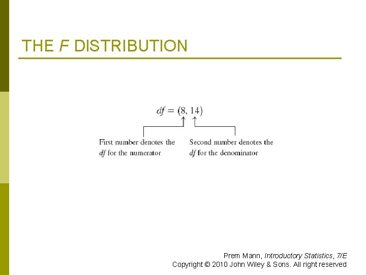 THE F DISTRIBUTION Prem Mann, Introductory Statistics, 7/E Copyright © 2010 John Wiley &