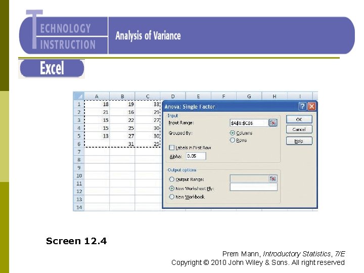 Excel Screen 12. 4 Prem Mann, Introductory Statistics, 7/E Copyright © 2010 John Wiley
