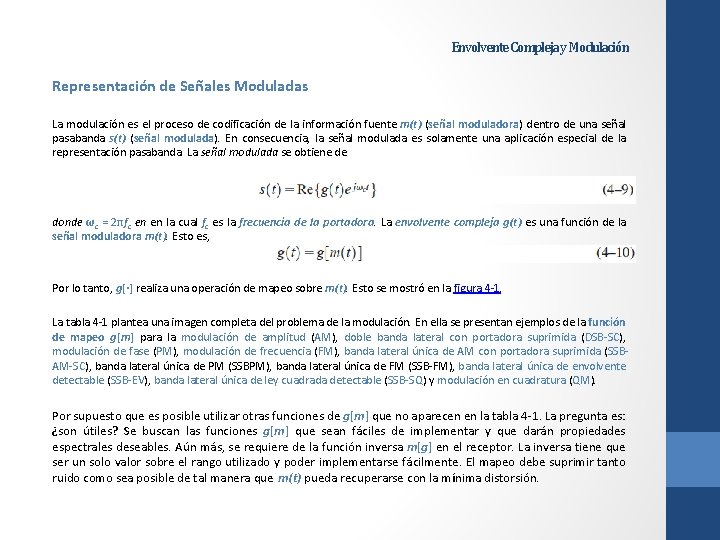 Envolvente Compleja y Modulación Representación de Señales Moduladas La modulación es el proceso de