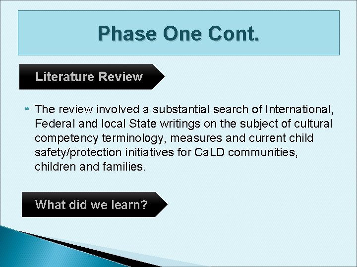 Phase One Cont. Literature Review The review involved a substantial search of International, Federal Phase One Cont. Literature Review The review involved a substantial search of International, Federal