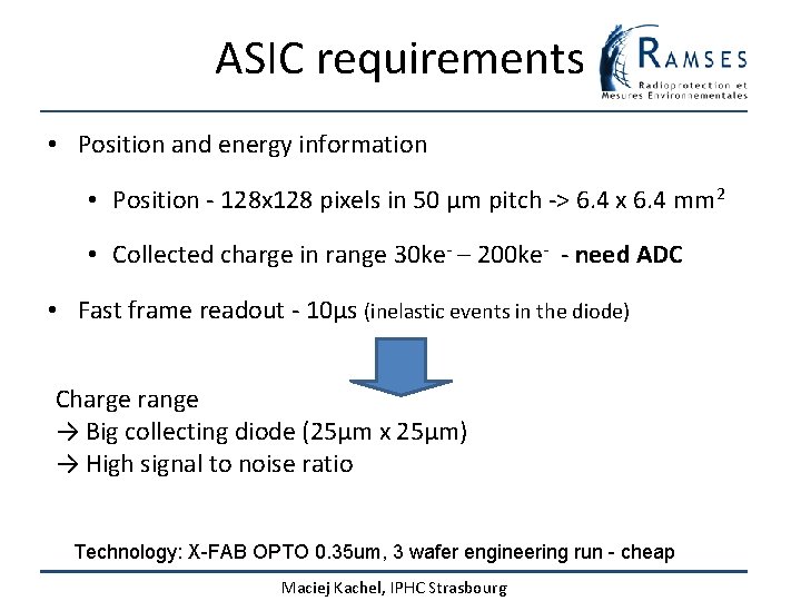 ASIC requirements • Position and energy information • Position - 128 x 128 pixels