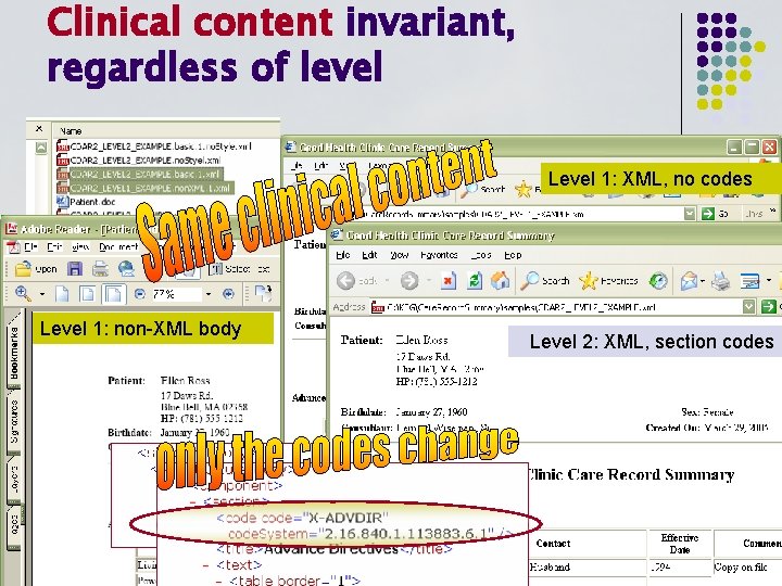 Clinical content invariant, regardless of level Level 1: XML, no codes Level 1: non-XML
