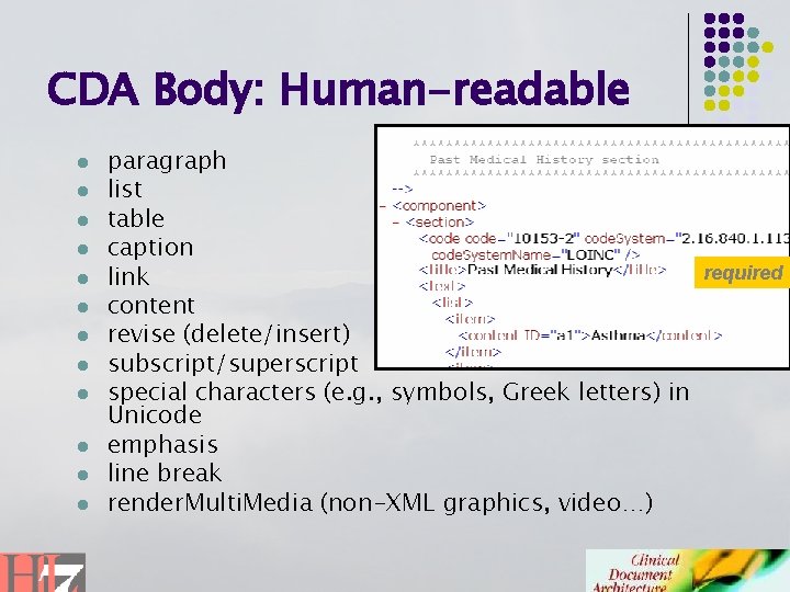 CDA Body: Human-readable l l l paragraph list table caption required link content revise
