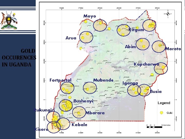 Moyo Loyoro-Kotido Kitgum Arua Abim GOLD OCCURENCES IN UGANDA Moroto Kapchorwa Fortportal Mubende Iganga