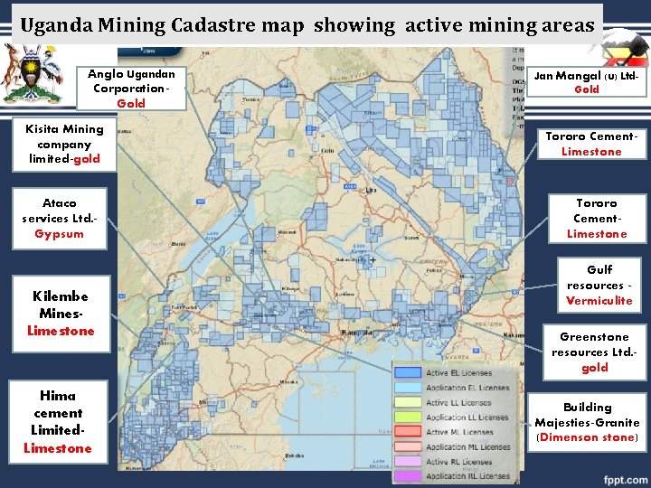 Uganda Mining Cadastre map showing active mining areas Anglo Ugandan Corporation. Gold Kisita Mining