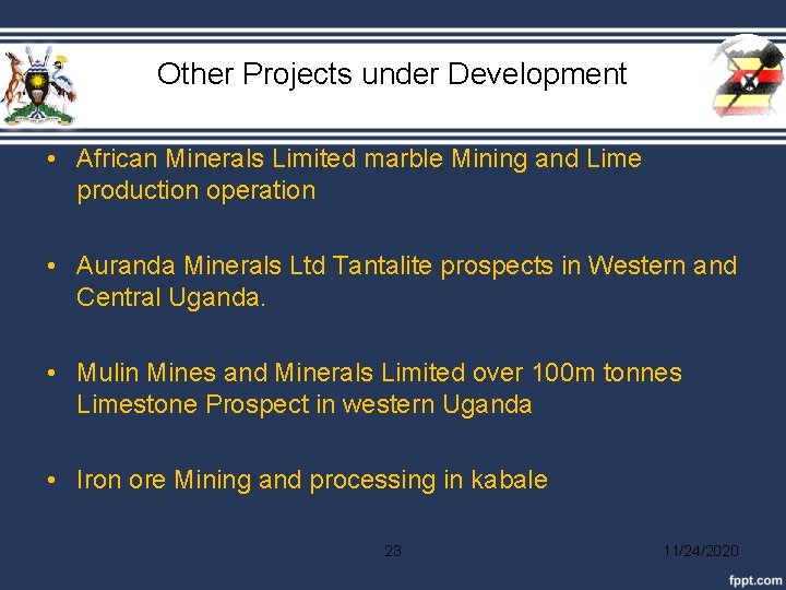 Other Projects under Development • African Minerals Limited marble Mining and Lime production operation