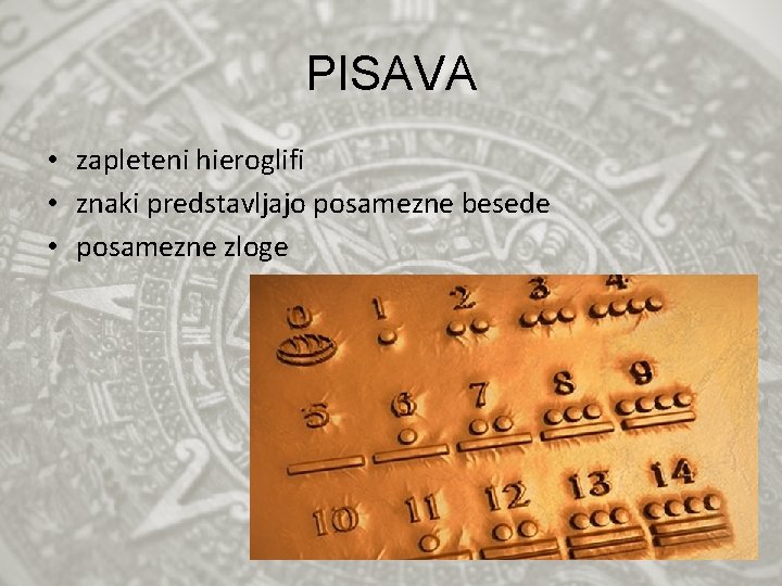 PISAVA • zapleteni hieroglifi • znaki predstavljajo posamezne besede • posamezne zloge 