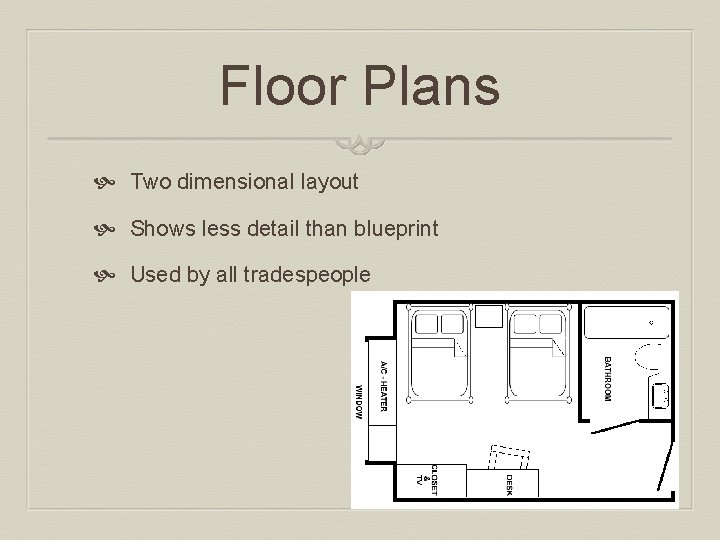 Floor Plans Two dimensional layout Shows less detail than blueprint Used by all tradespeople
