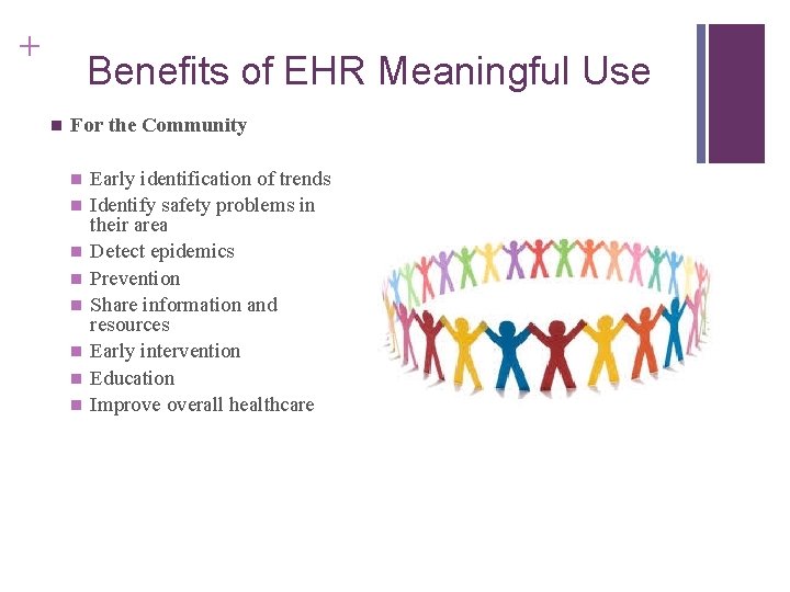 + Benefits of EHR Meaningful Use n For the Community n n n n