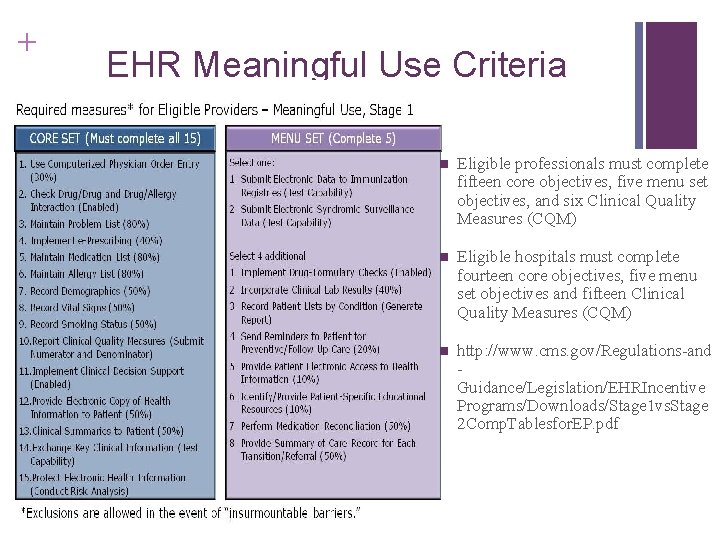 + EHR Meaningful Use Criteria n Eligible professionals must complete fifteen core objectives, five