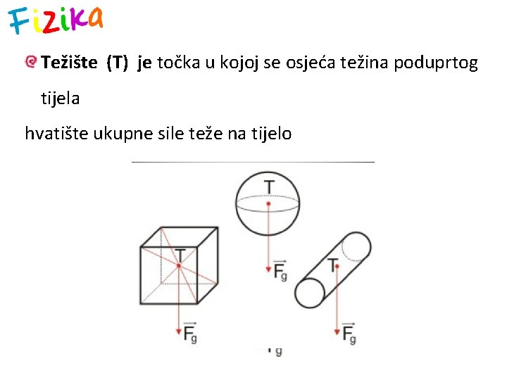 Težište (T) je točka u kojoj se osjeća težina poduprtog tijela hvatište ukupne sile