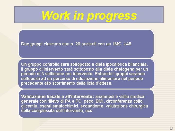 Work in progress Due gruppi ciascuno con n. 20 pazienti con un IMC ≥