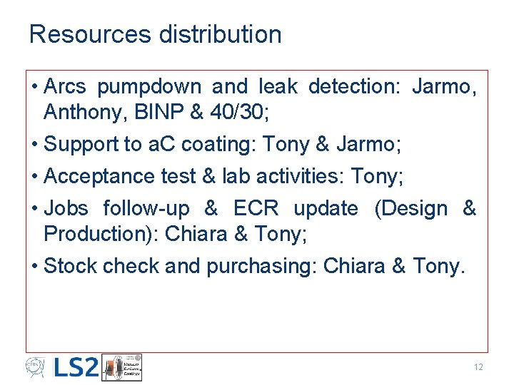 Resources distribution • Arcs pumpdown and leak detection: Jarmo, Anthony, BINP & 40/30; •