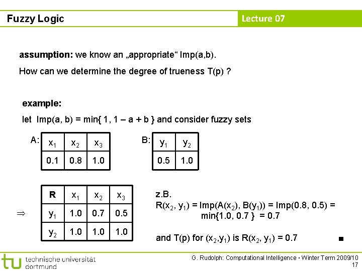 Lecture 07 Fuzzy Logic assumption: we know an „appropriate“ Imp(a, b). How can we