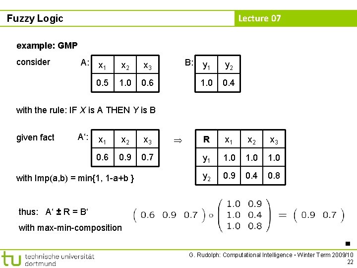 Lecture 07 Fuzzy Logic example: GMP consider A: x 1 x 2 x 3