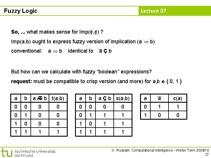 Lecture 07 Fuzzy Logic So, . . . what makes sense for Imp(¢, ¢)