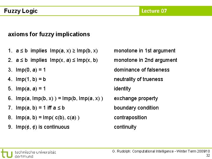 Lecture 07 Fuzzy Logic axioms for fuzzy implications 1. a ≤ b implies Imp(a,