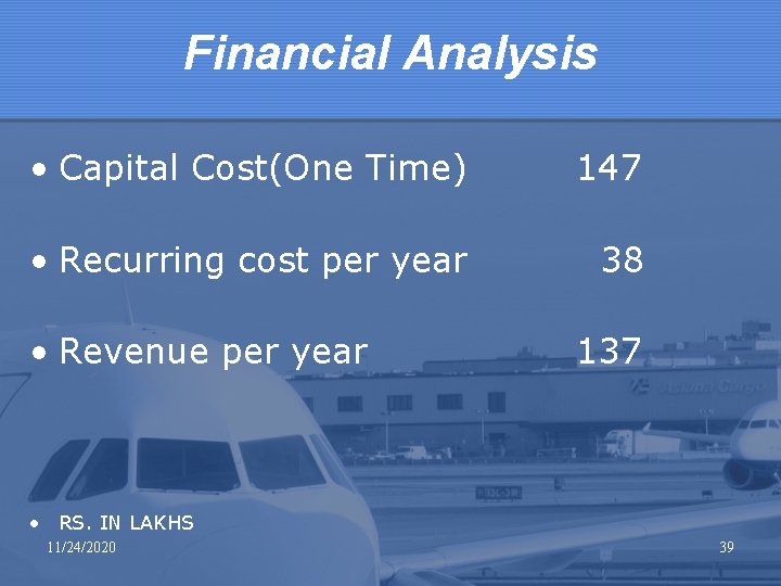 Financial Analysis • Capital Cost(One Time) 147 • Recurring cost per year 38 •