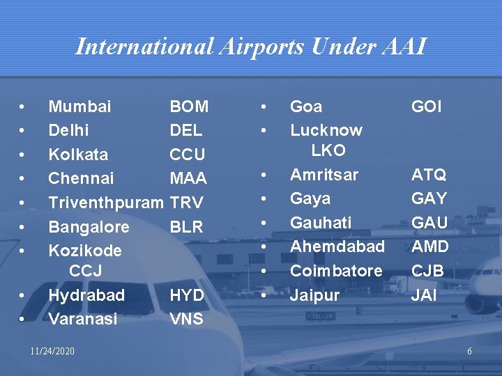 International Airports Under AAI • • • Mumbai BOM Delhi DEL Kolkata CCU Chennai