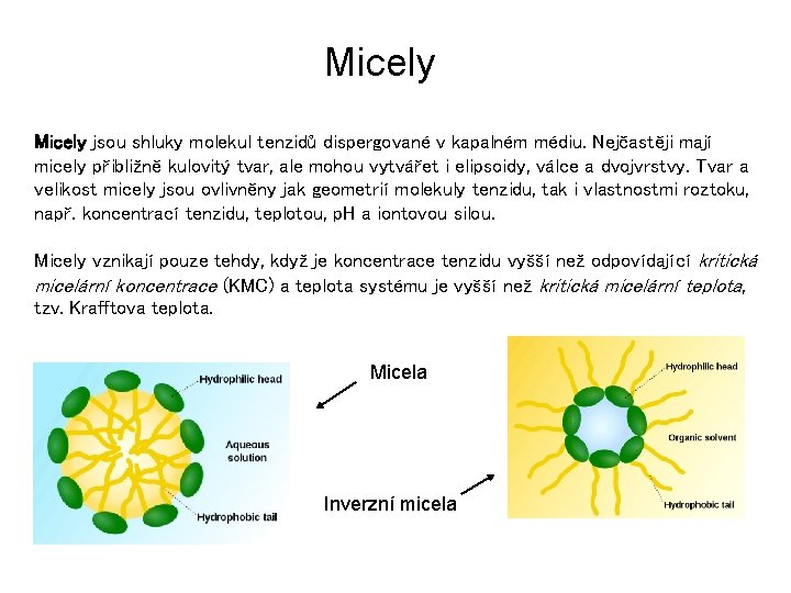 Micely jsou shluky molekul tenzidů dispergované v kapalném médiu. Nejčastěji mají micely přibližně kulovitý