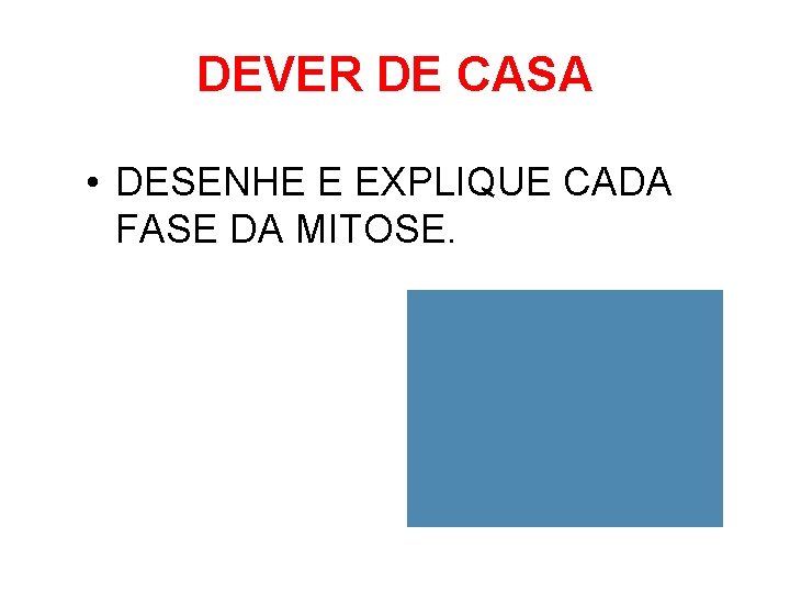 DEVER DE CASA • DESENHE E EXPLIQUE CADA FASE DA MITOSE. 