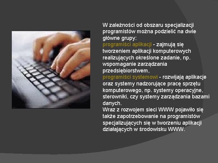 W zależności od obszaru specjalizacji programistów można podzielić na dwie główne grupy: programiści aplikacji