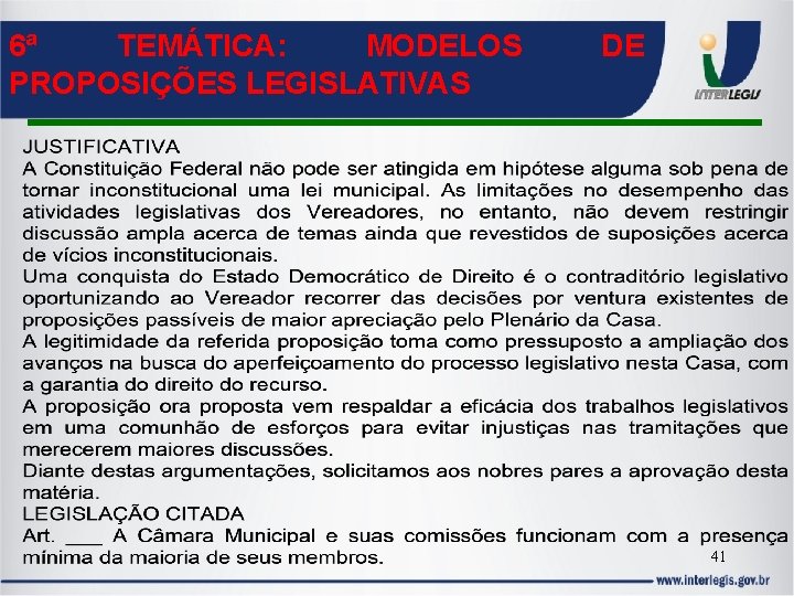 6ª TEMÁTICA: MODELOS PROPOSIÇÕES LEGISLATIVAS DE 41 