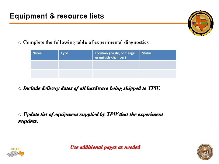 Equipment & resource lists o Complete the following table of experimental diagnostics Name Type