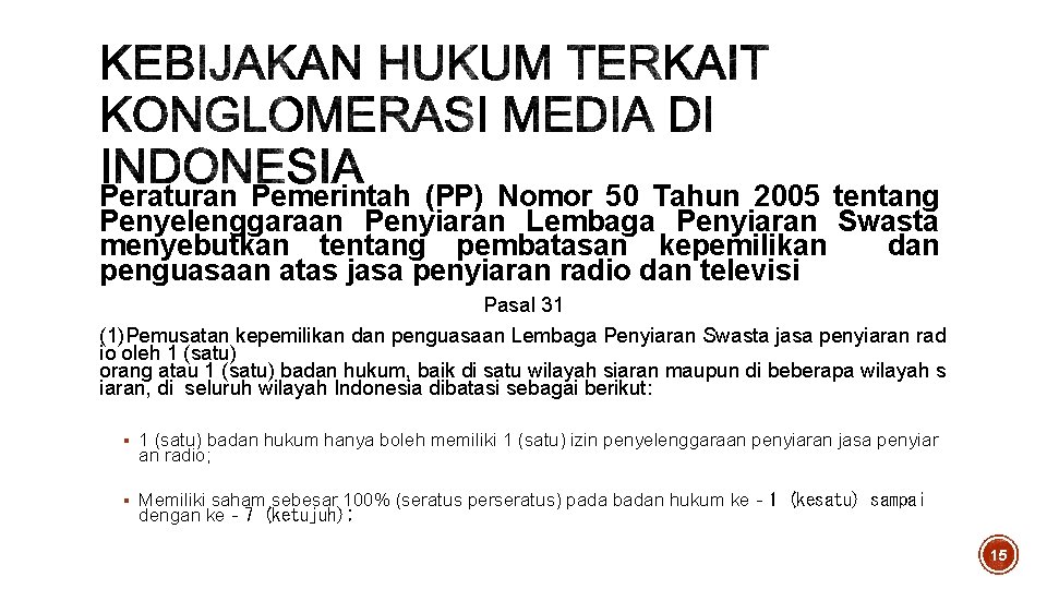 Peraturan Pemerintah (PP) Nomor 50 Tahun 2005 tentang Penyelenggaraan Penyiaran Lembaga Penyiaran Swasta menyebutkan Peraturan Pemerintah (PP) Nomor 50 Tahun 2005 tentang Penyelenggaraan Penyiaran Lembaga Penyiaran Swasta menyebutkan