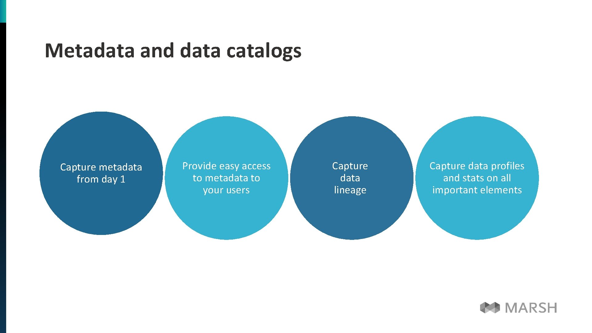 Metadata and data catalogs Capture metadata from day 1 Provide easy access to metadata
