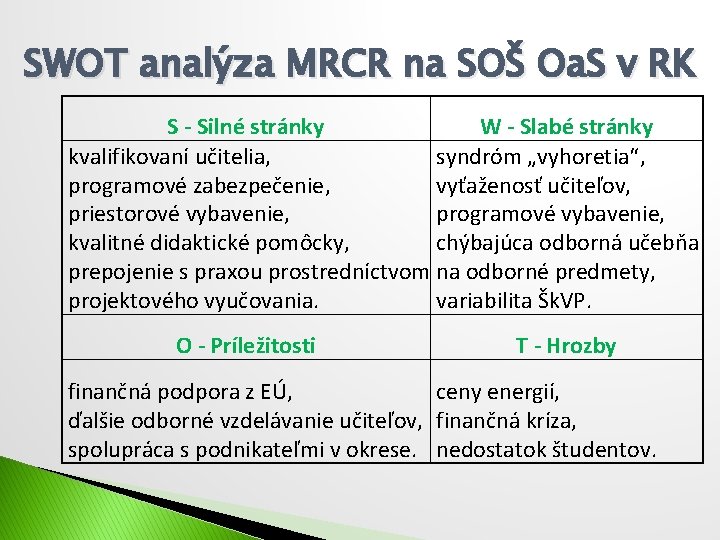 SWOT analýza MRCR na SOŠ Oa. S v RK S - Silné stránky W