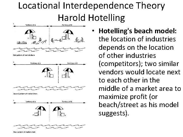 Locational Interdependence Theory Harold Hotelling • Hotelling's beach model: the location of industries depends