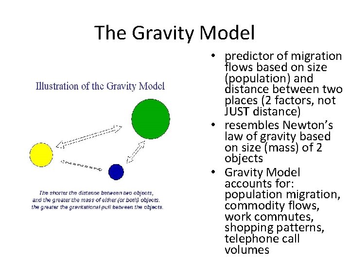 The Gravity Model • predictor of migration flows based on size (population) and distance