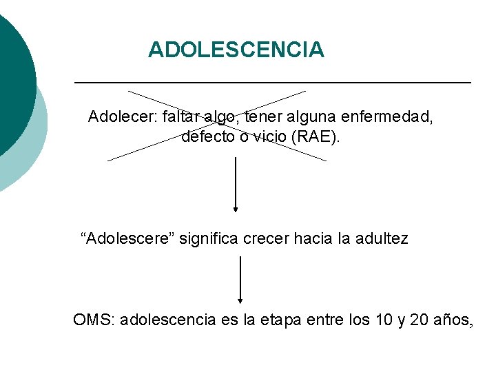 ADOLESCENCIA Adolecer: faltar algo, tener alguna enfermedad, defecto o vicio (RAE). “Adolescere” significa crecer ADOLESCENCIA Adolecer: faltar algo, tener alguna enfermedad, defecto o vicio (RAE). “Adolescere” significa crecer