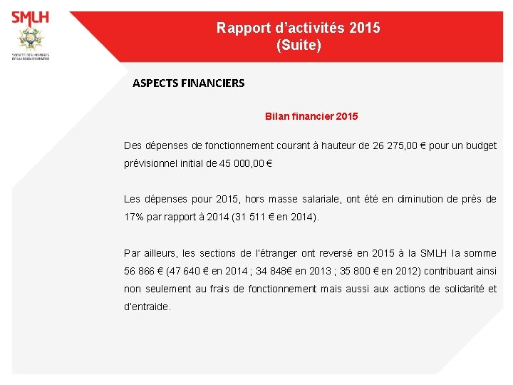 Rapport d’activités 2015 (Suite) ASPECTS FINANCIERS Bilan financier 2015 Des dépenses de fonctionnement courant