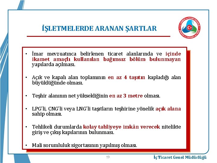 İŞLETMELERDE ARANAN ŞARTLAR • İmar mevzuatınca belirlenen ticaret alanlarında ve içinde ikamet amaçlı kullanılan