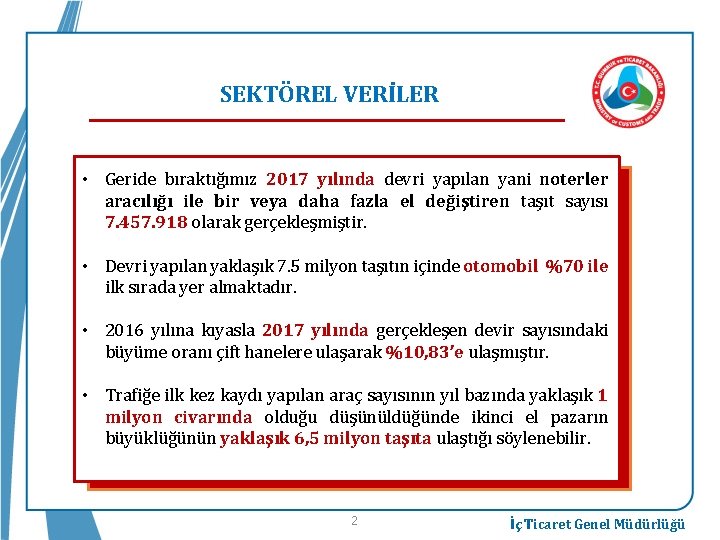 SEKTÖREL VERİLER • Geride bıraktığımız 2017 yılında devri yapılan yani noterler aracılığı ile bir