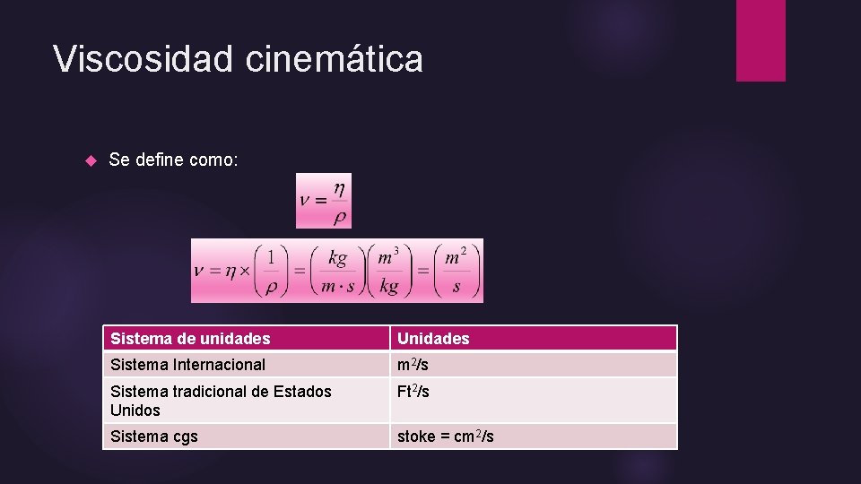 Viscosidad cinemática Se define como: Sistema de unidades Unidades Sistema Internacional m 2/s Sistema