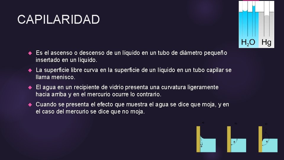 CAPILARIDAD Es el ascenso o descenso de un líquido en un tubo de diámetro