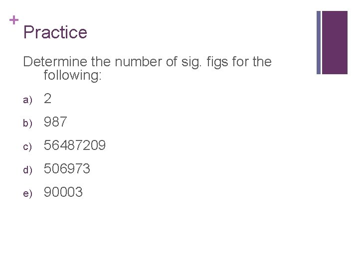 + Practice Determine the number of sig. figs for the following: a) 2 b)